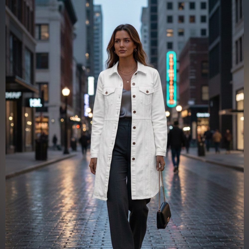 NWOT Frye Off White Button-Up Denim Dress Side Pockets Copper Button Size Large - Picture 2 of 10